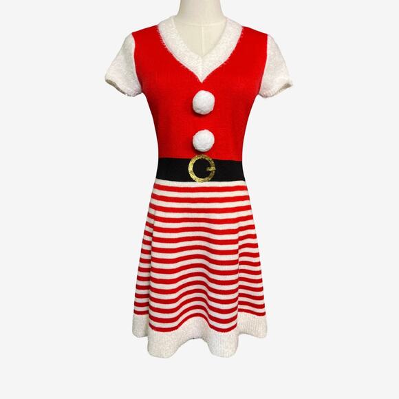 Planet Heart M Santa Sweater Dress Red White Striped Holiday Costume Pom Pom - Picture 1 of 7
